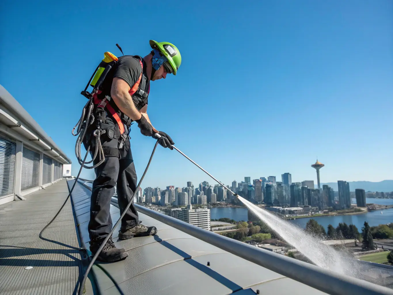 A technician inspecting a commercial building's gutters, highlighting Gutter Cleaning Granite Bay's maintenance and inspection services.