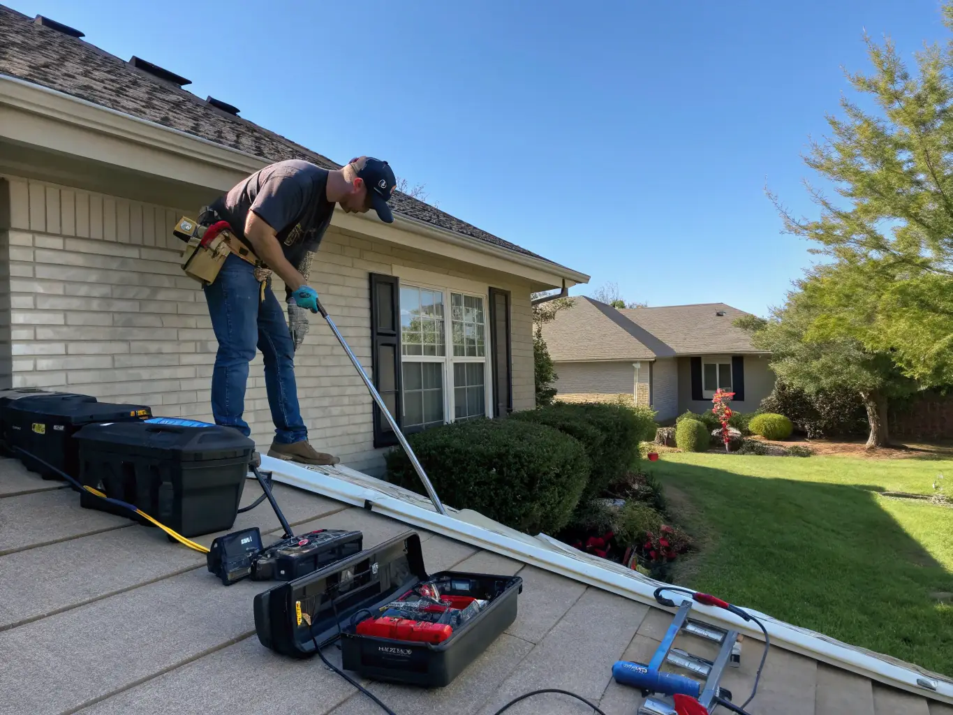 A technician clearing a clogged downspout with specialized tools, demonstrating Gutter Cleaning Granite Bay's downspout cleaning service.